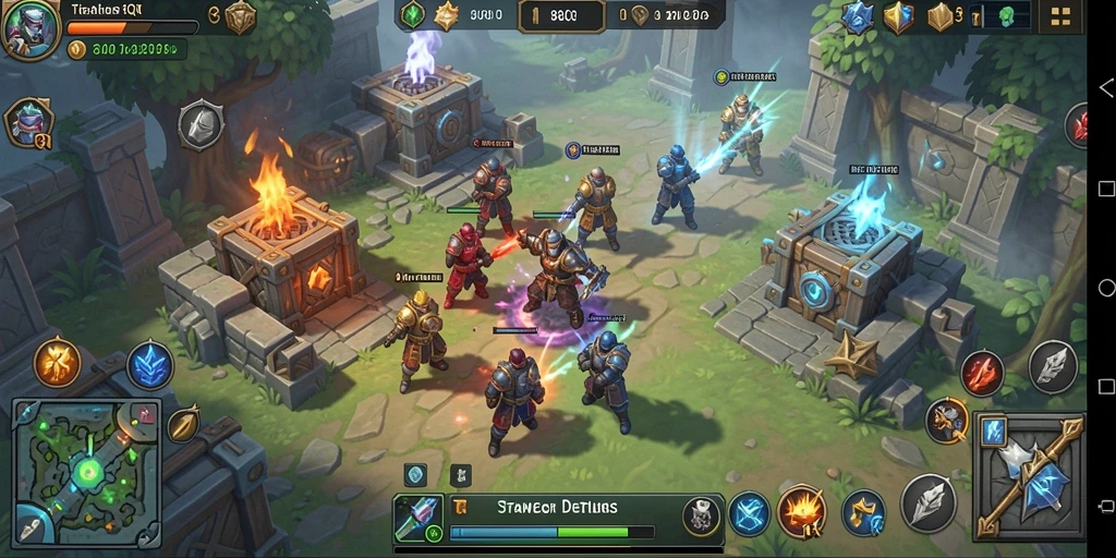 Screenshot gameplay Tower Defense yang menampilkan menara dan gelombang musuh.