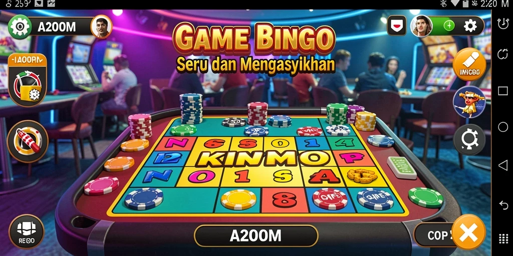 Screenshot A200M menampilkan gameplay seru Bingo dengan desain grafis yang menarik dan interaktif.