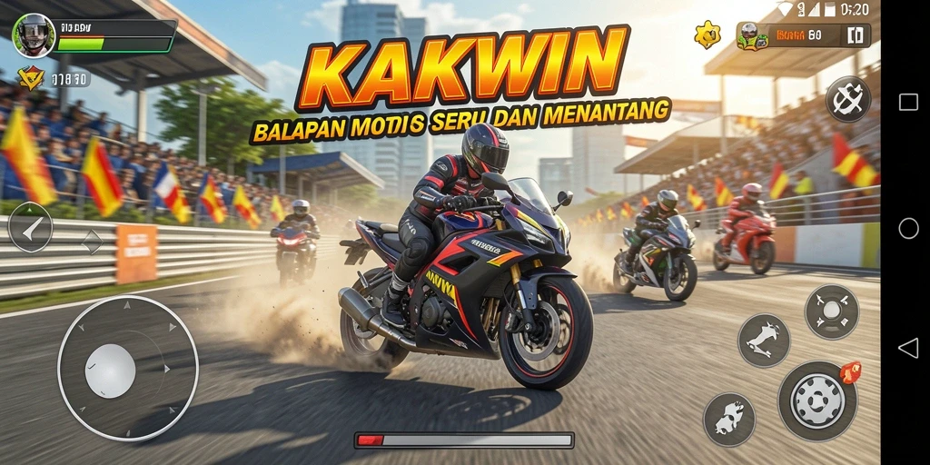 Screenshot gameplay KAKWIN yang menunjukkan aksi balapan motor yang mendebarkan.
