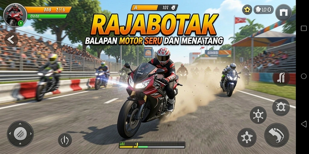 Screenshot utama RAJABOTAK menunjukkan aksi balapan motor yang seru.