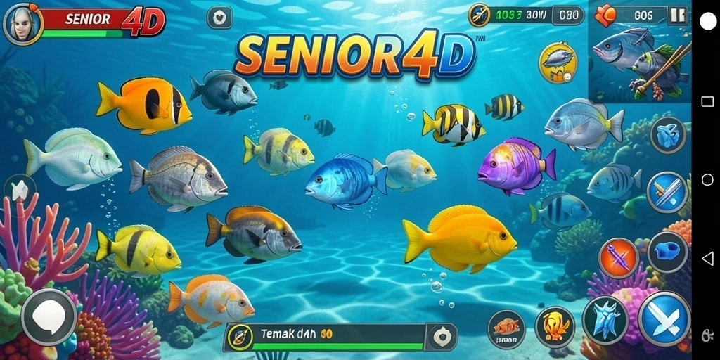 Screenshot SENIOR4D menampilkan aksi menangkap ikan yang seru.