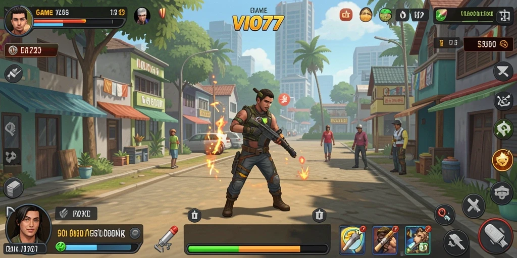 Tampilan gameplay VIO77 dengan karakter yang mengumpulkan sumber daya.
