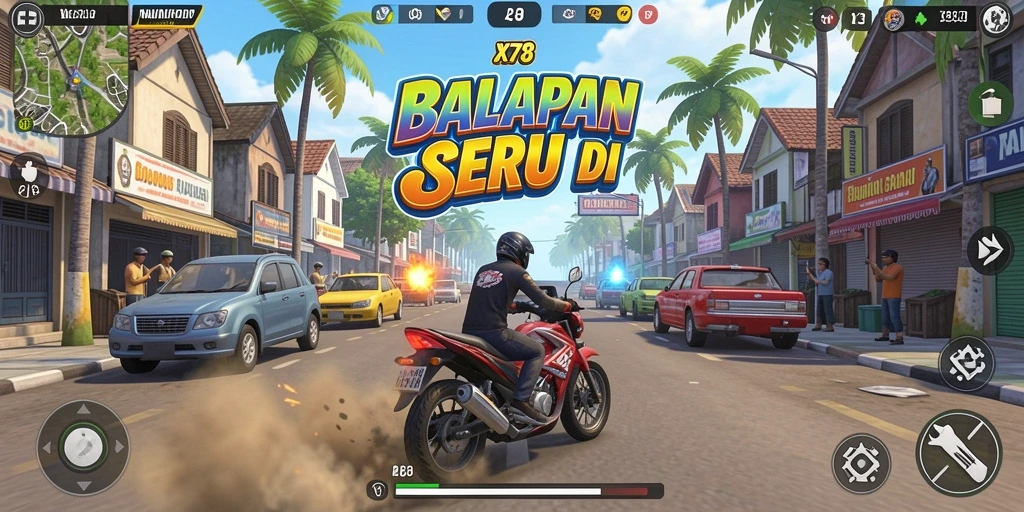 Screenshot gameplay X78 menampilkan balapan mendebarkan di jalanan kota.