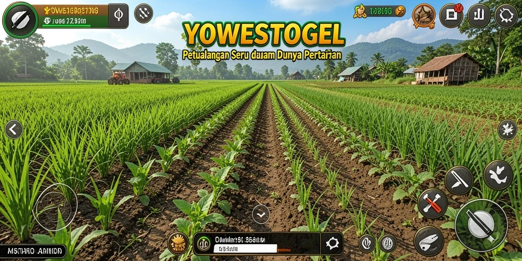 Tangkapan layar gameplay YOWESTOGEL menampilkan ladang yang subur dan hewan ternak yang aktif.